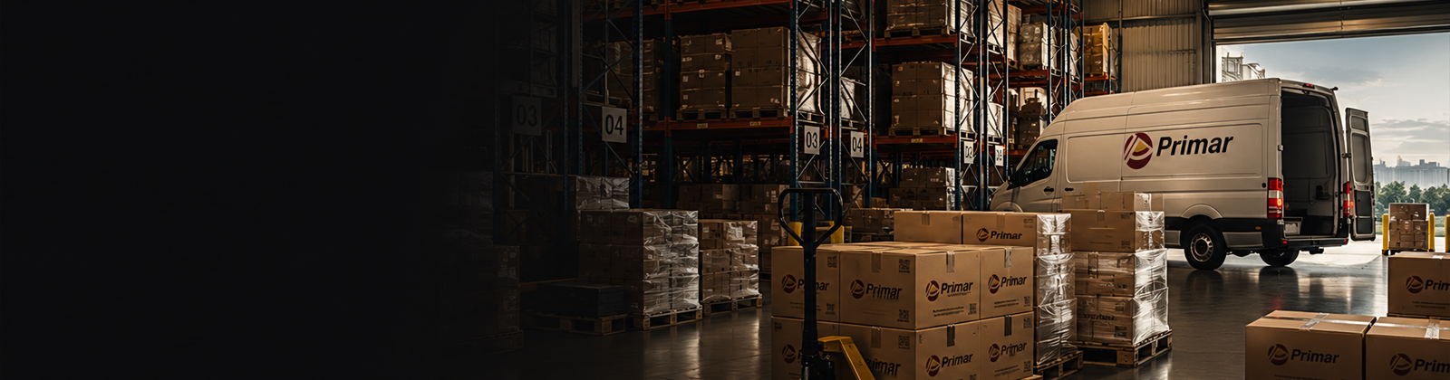 Centro de distribuição da Primar com estoque, pallets e veículo de entrega