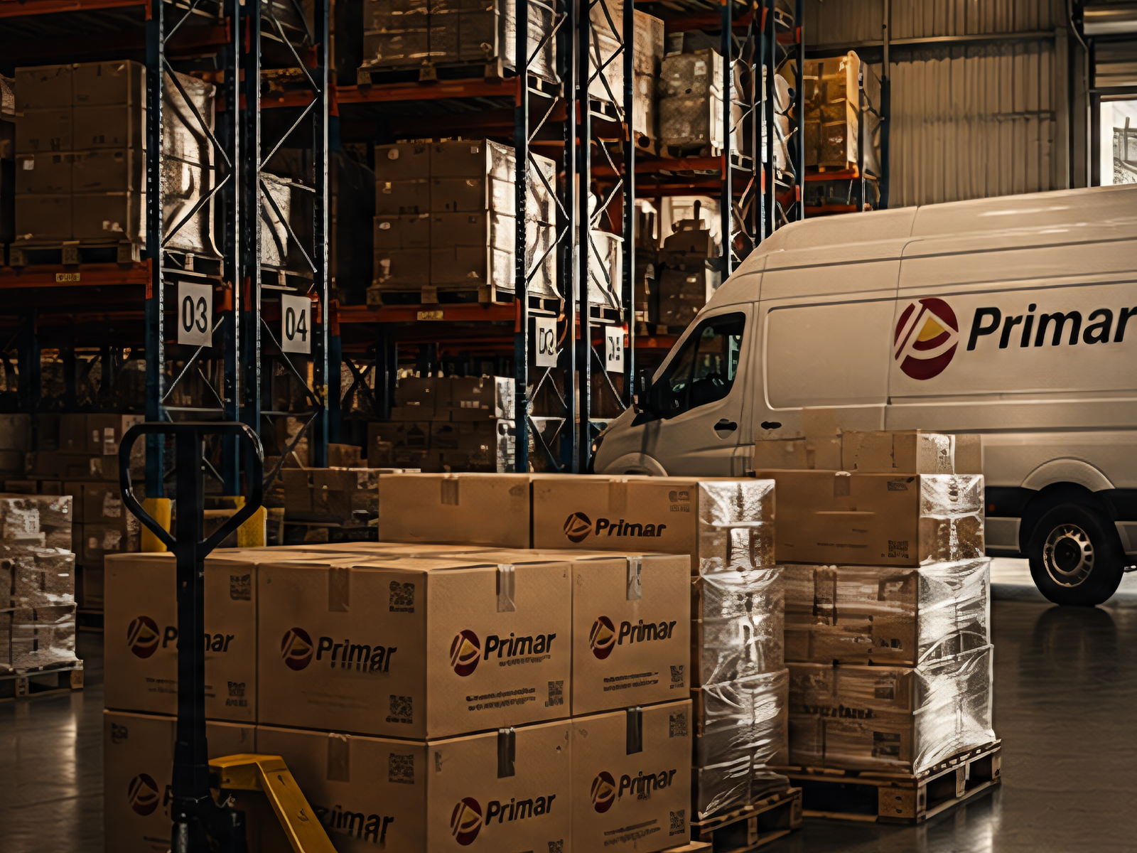Centro de distribuição da Primar com estoque, pallets e veículo de entrega